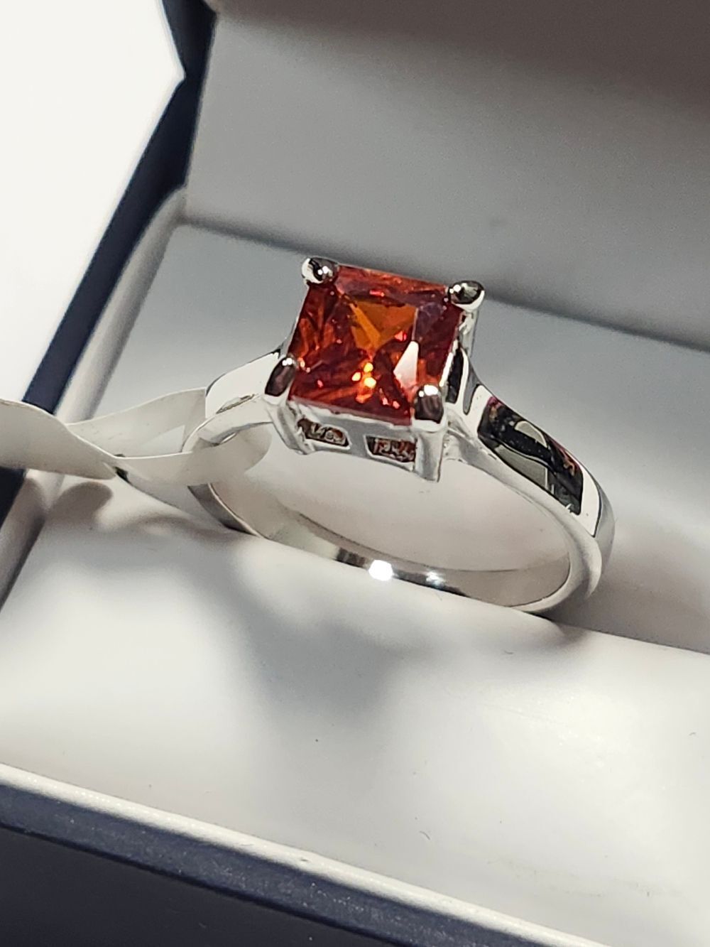Silver Tone Ring with Square Red Orange Center Size 8